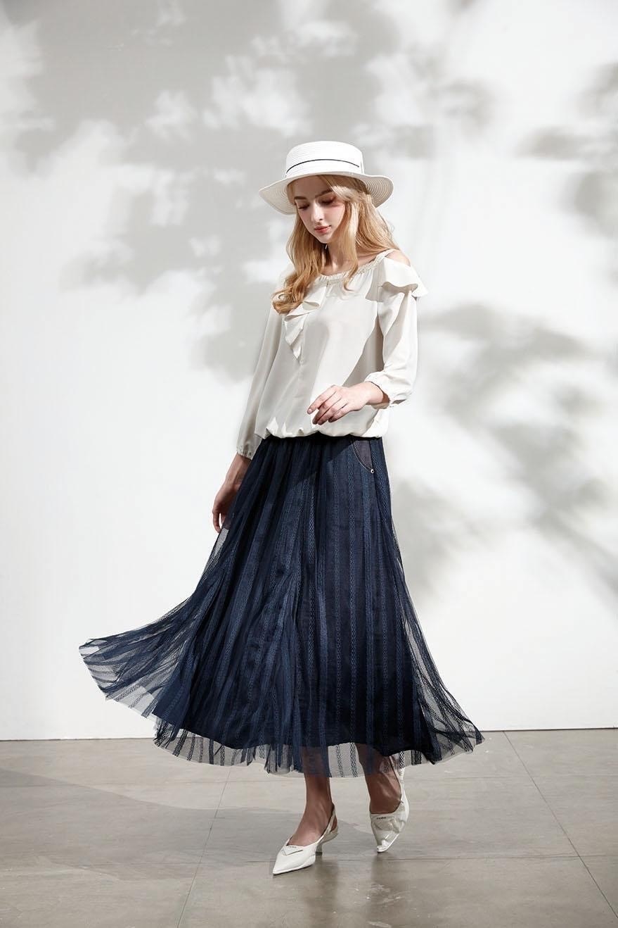 韓潮流牛仔拼接甜美蕾絲網個性剪裁修身長紗裙U6601