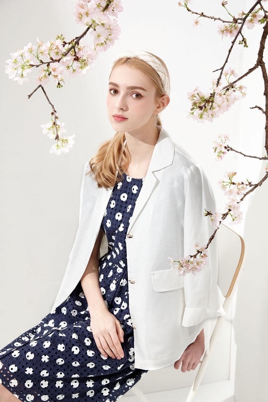 韓版OL復古甜美緹花經典藍白點點設計修身洋裝U6352