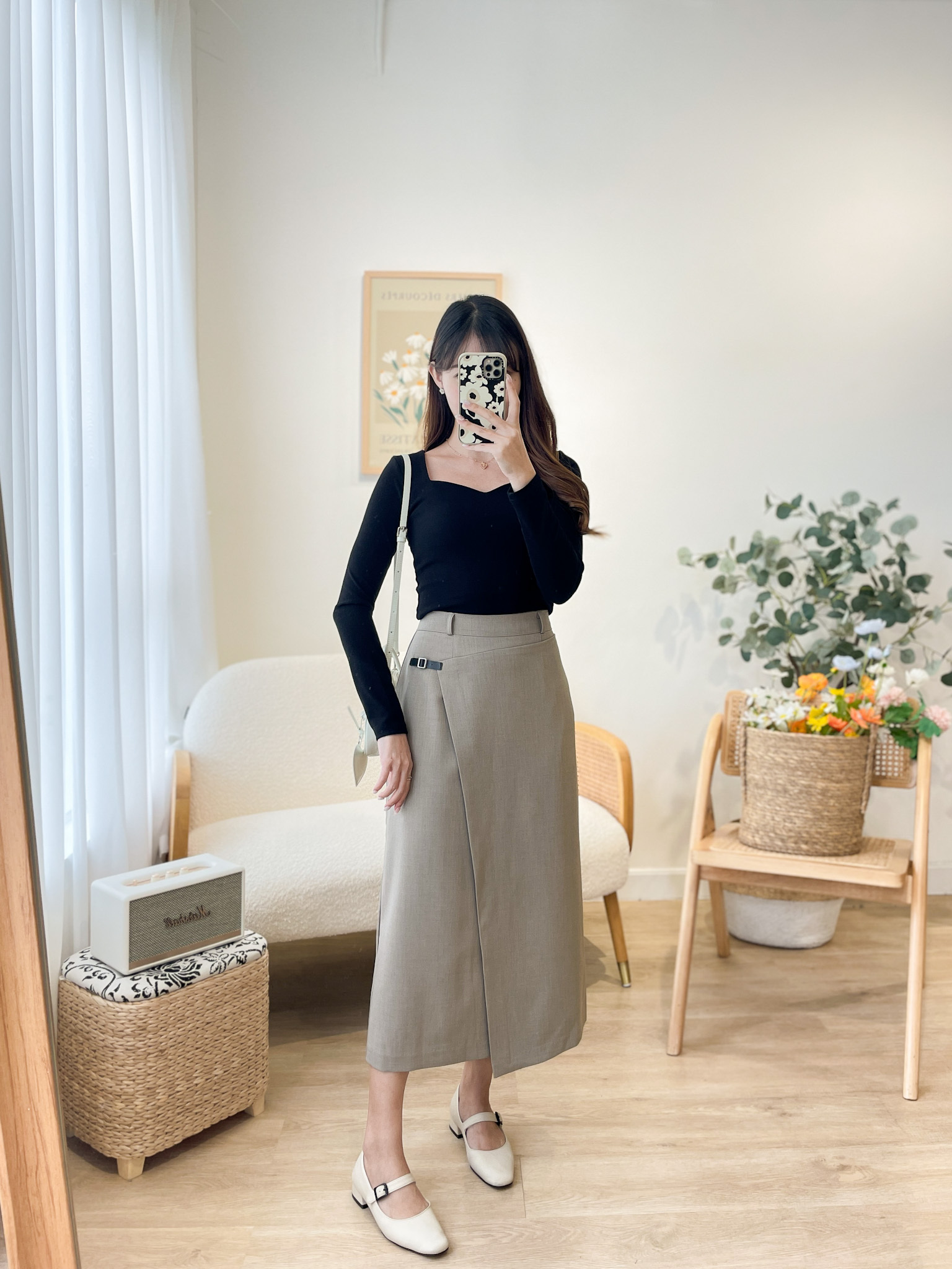 SK481 Mini Belted Slit Long Skirt