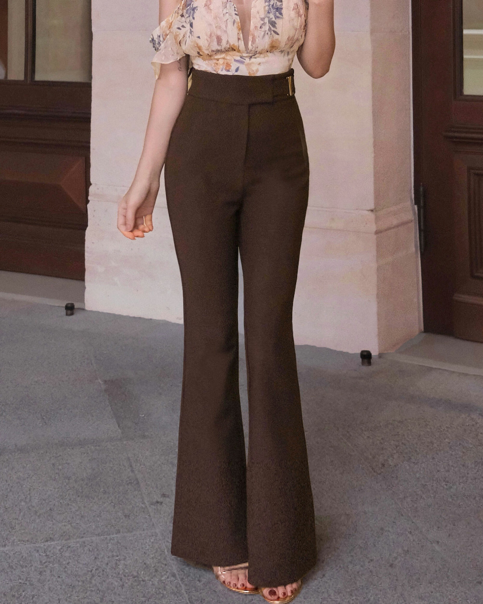 ⭒訂製-金屬釦帶高腰喇叭長褲