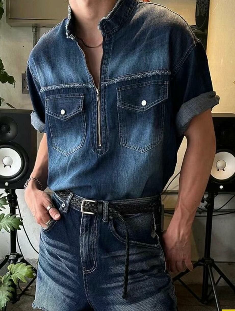 反領半拉鍊牛仔短袖Tee T5559