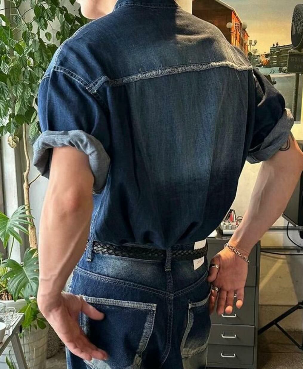 反領半拉鍊牛仔短袖Tee T5559