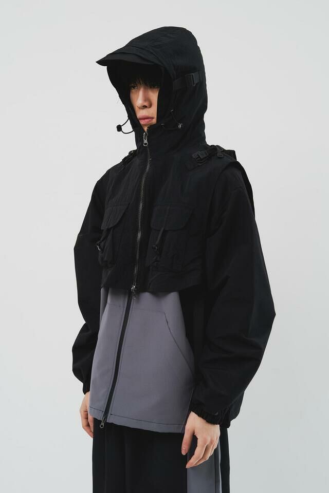 淨色連帽短身拉鍊背心褸 DDM-043V