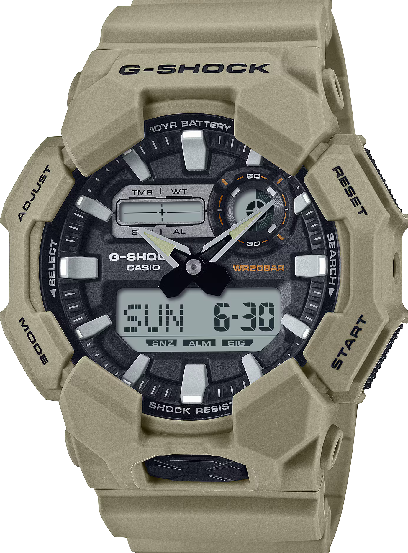 萬年鐘錶 - G-SHOCK  超省電大地色系時尚百搭雙顯數位運動電子錶  GA-010-5A  錶徑 : 51.9mm