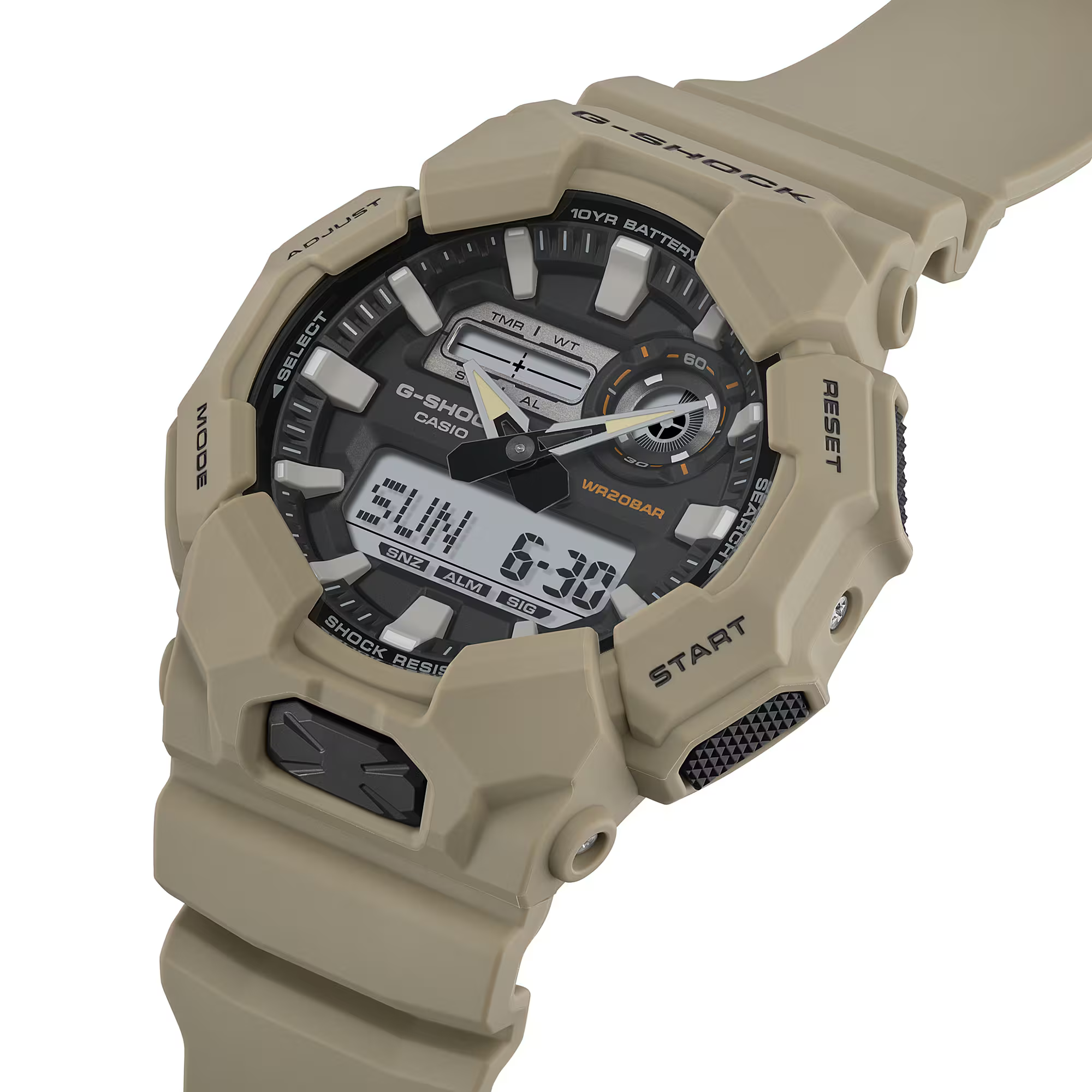 萬年鐘錶 - G-SHOCK  超省電大地色系時尚百搭雙顯數位運動電子錶  GA-010-5A  錶徑 : 51.9mm