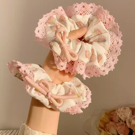 [3 FOR RM10] Pink Bear Ribbon Lace Scrunchie