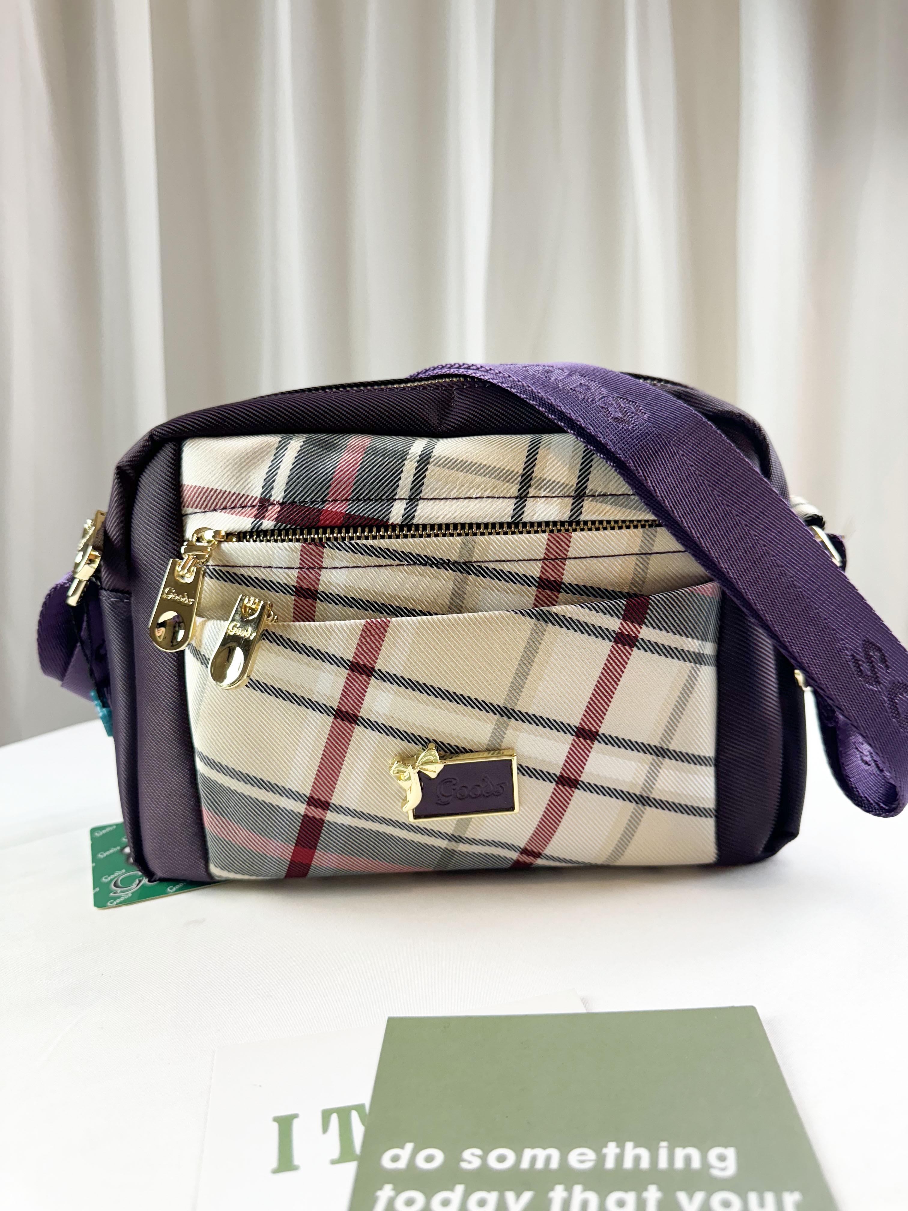 GOODS 紫格紋拼色防潑水肩背包 / 側背包 #2666