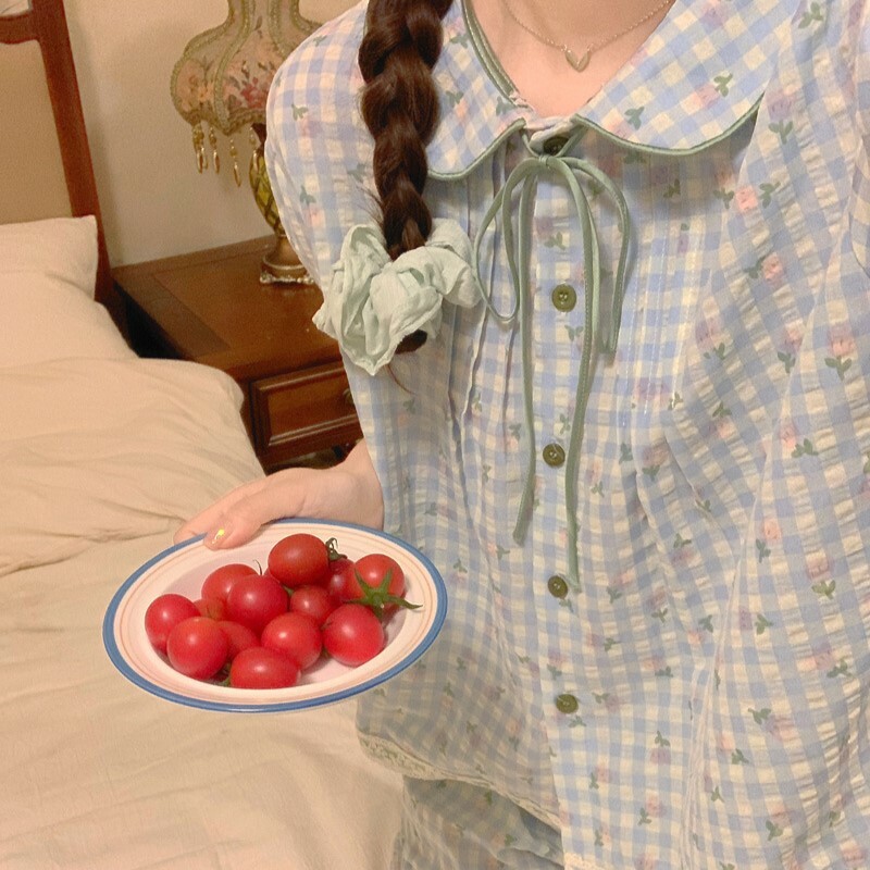 《4675》INS小清新鬱金香藍格子睡衣