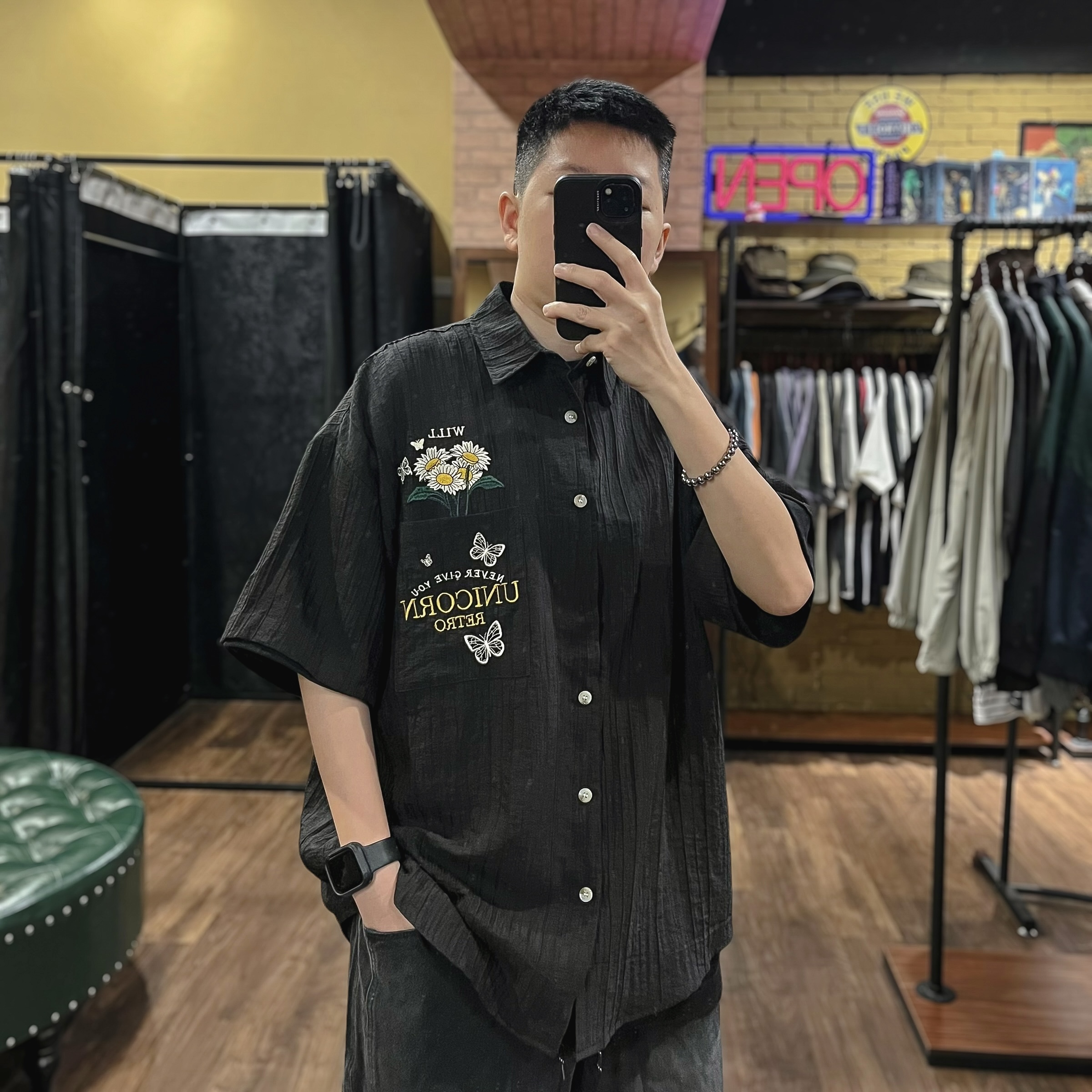 日系復古花朵縐布襯衫