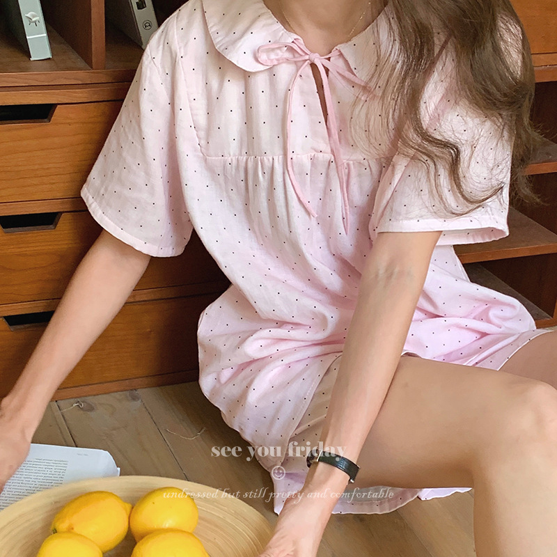 《4676》復古小清新優雅少女點點綁帶睡衣