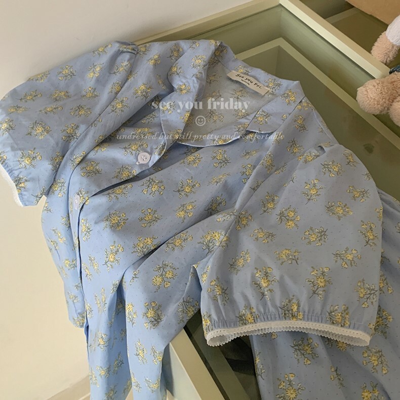 《4677》少女蕾絲花邊清新蘭配小黃花睡衣