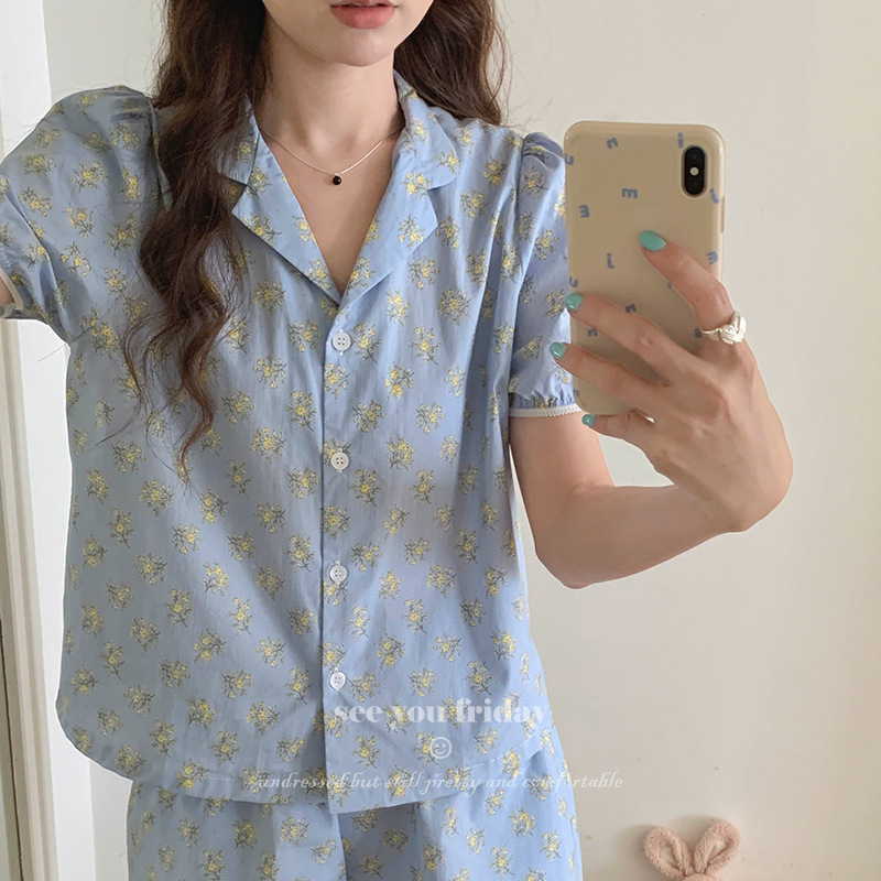 《4677》少女蕾絲花邊清新蘭配小黃花睡衣