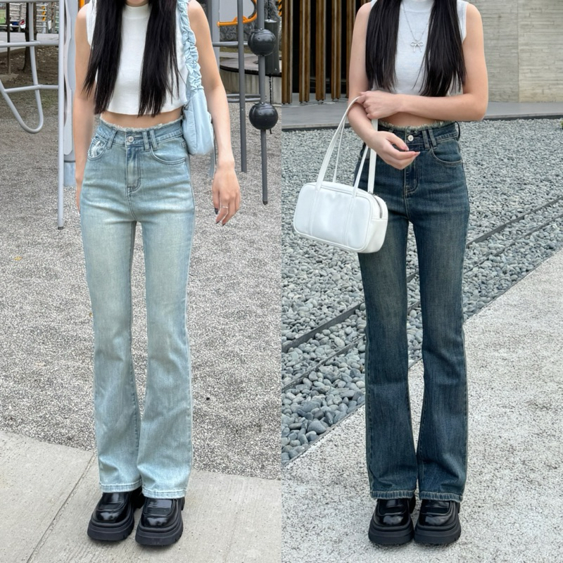 "獨家自訂皮標"寶藏褲🤎復古鬚邊設計彈性牛仔喇叭褲(XS-XL)共3色!!!