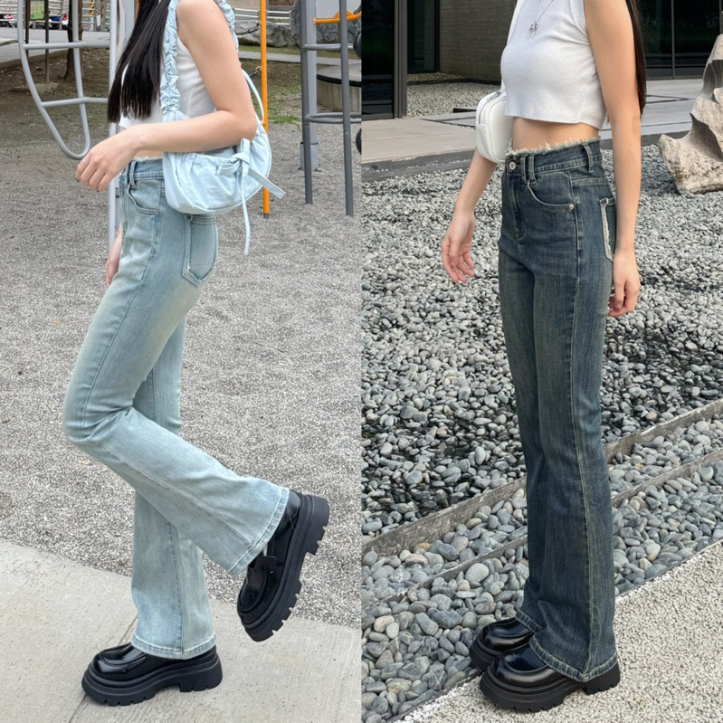 "獨家自訂皮標"寶藏褲🤎復古鬚邊設計彈性牛仔喇叭褲(XS-XL)共3色!!!