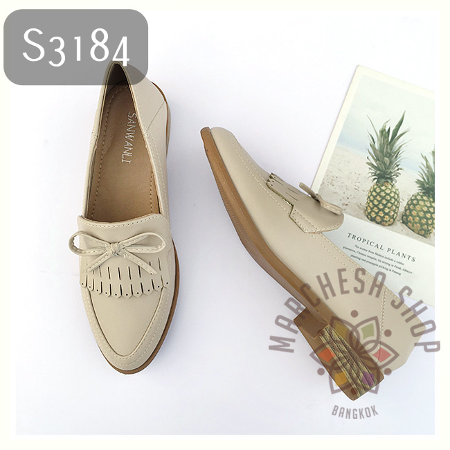 S3184 - 牛皮頭蝴蝶結流鬚尖頭平底休閒鞋