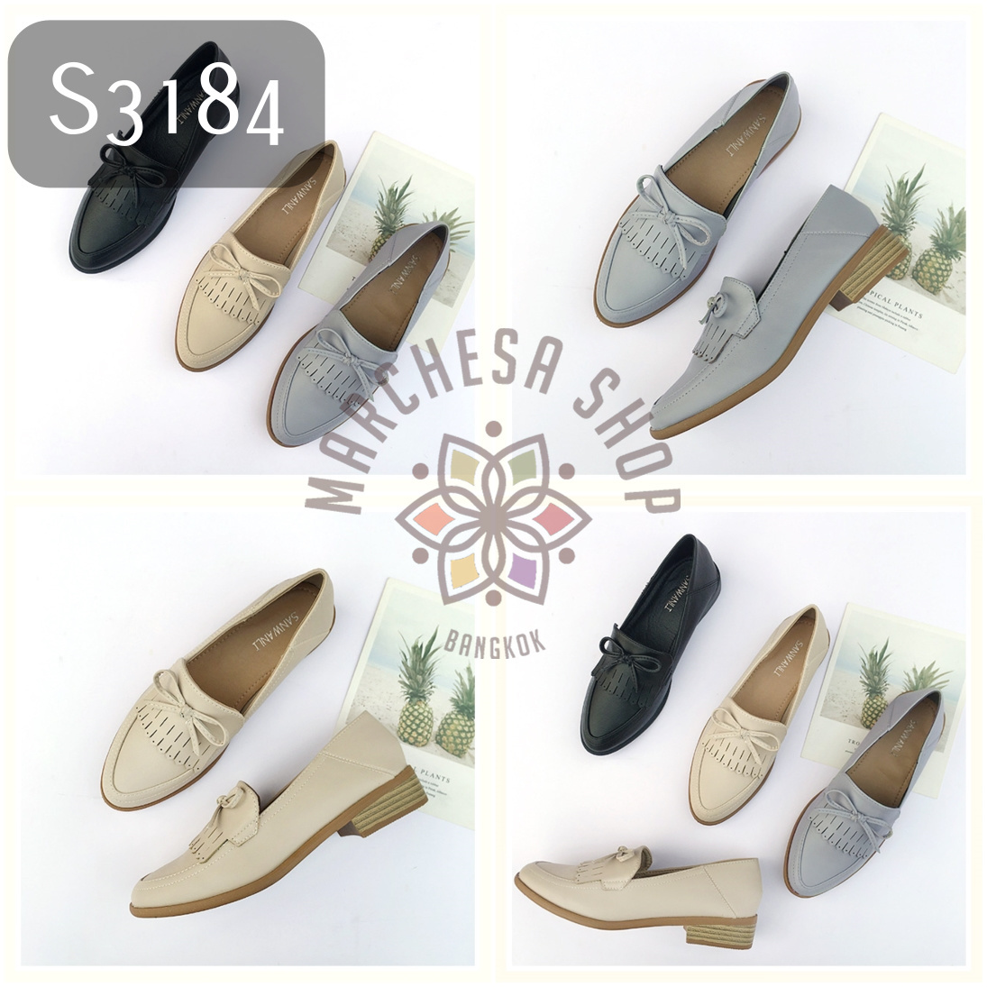 S3184 - 牛皮頭蝴蝶結流鬚尖頭平底休閒鞋