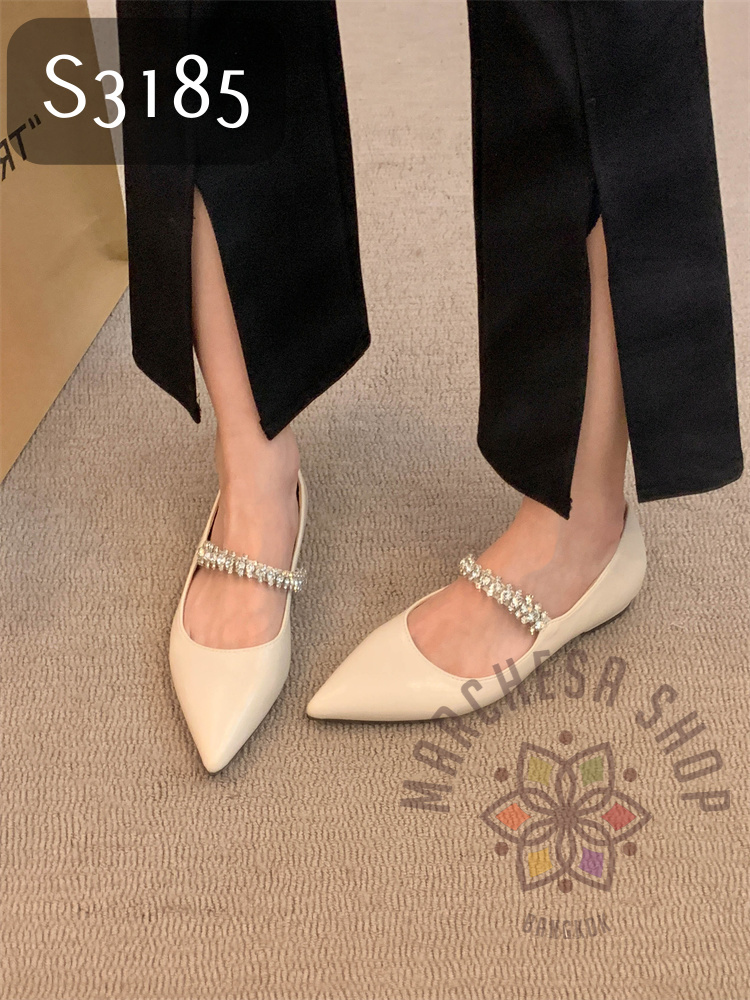 S3185 - 牛皮Bling Bling一字帶尖頭平底鞋