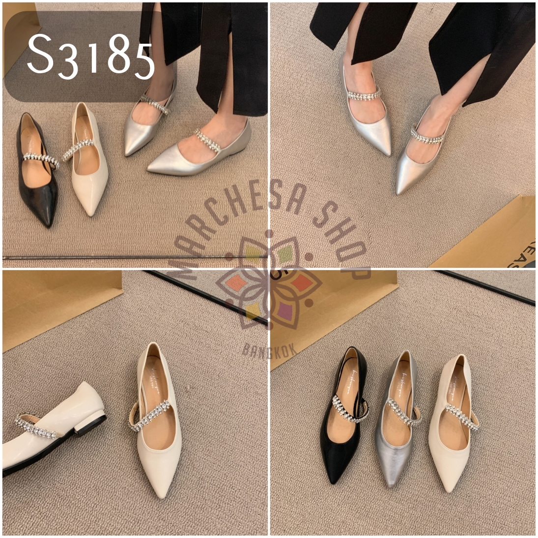 S3185 - 牛皮Bling Bling一字帶尖頭平底鞋