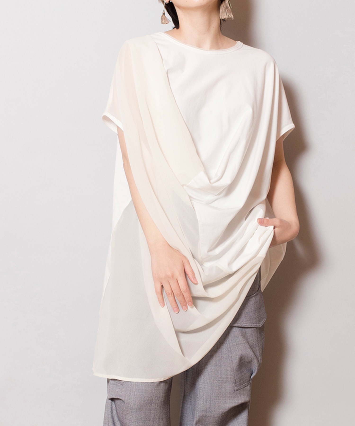 預購 - JP 拼雪紡垂墜Top