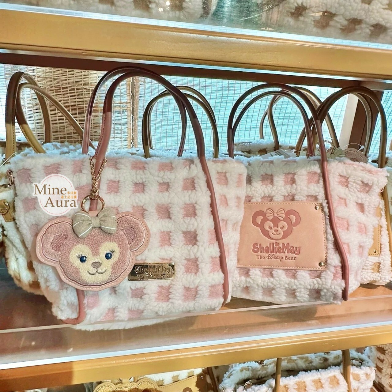 (限時特價) 雪莉玫 ShellieMay 毛毛格紋設計 大頭吊飾  手提包 托特包 -上海迪士尼樂園