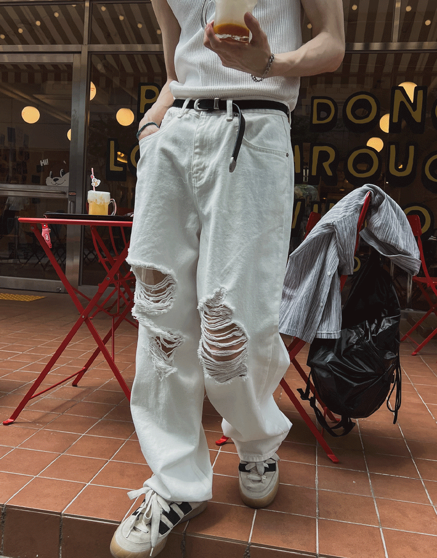 白色復古破損牛仔褲