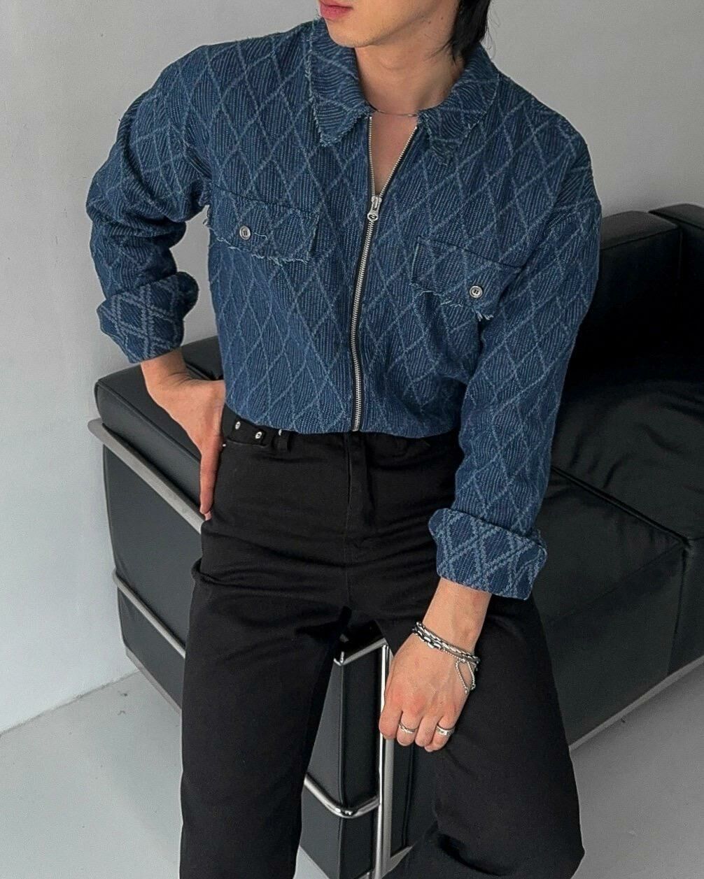 反領格紋拉鍊外套 Crunky_youth-062JK