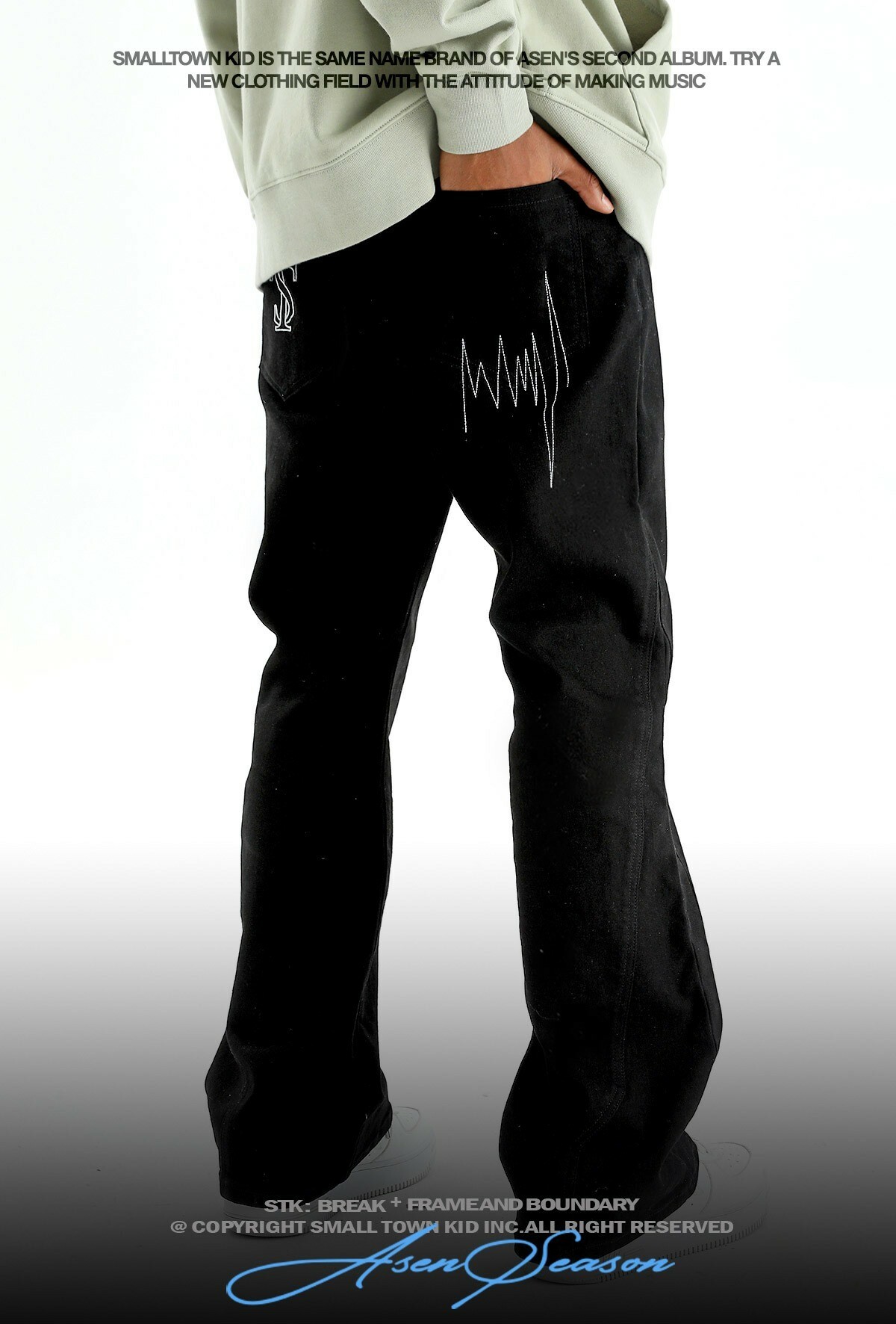 STK SmallTownKid 波紋線條 微喇叭牛仔長褲