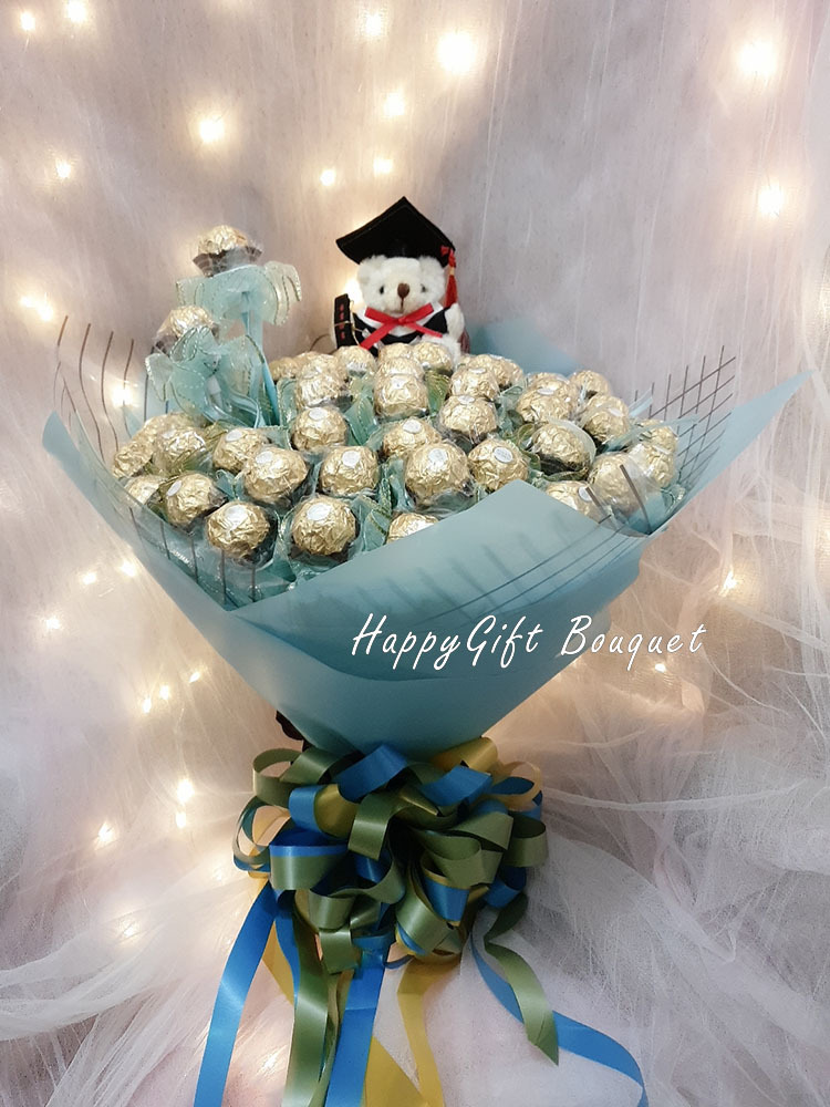 畢業熊玩偶60支金莎分享抽取式畢業花束graduate-Stuffed-Toys-60-Ferrero-Rocher-chocolate-shared-bouquet