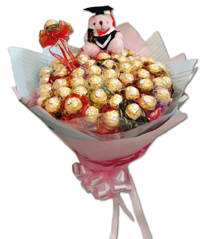 畢業熊玩偶60支金莎分享抽取式畢業花束graduate-Stuffed-Toys-60-Ferrero-Rocher-chocolate-shared-bouquet