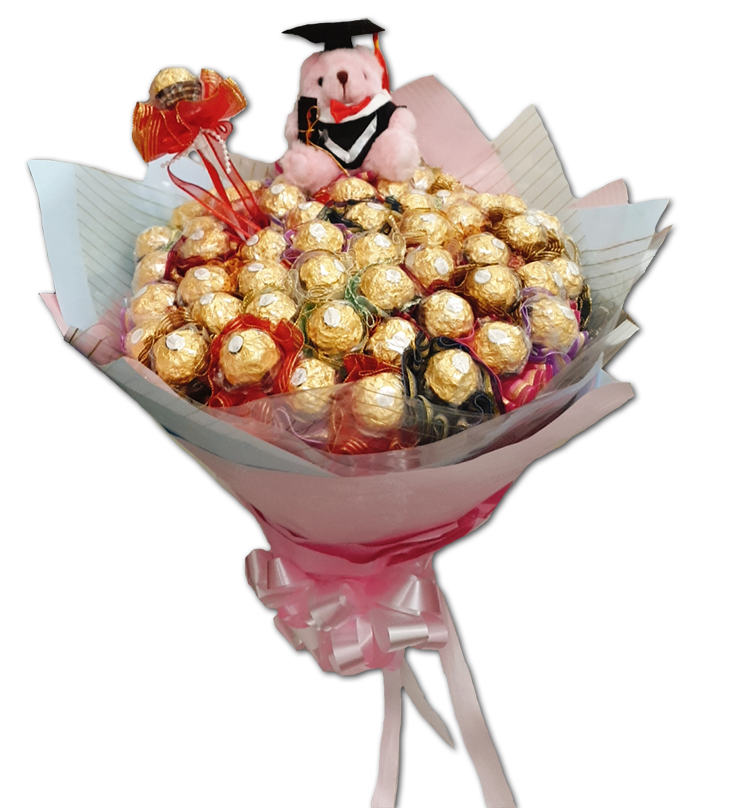 畢業熊玩偶60支金莎分享抽取式畢業花束graduate-Stuffed-Toys-60-Ferrero-Rocher-chocolate-shared-bouquet