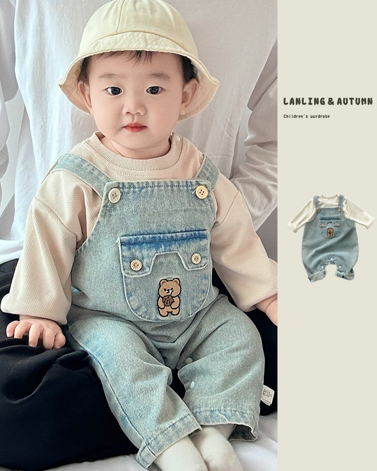 餅乾小熊牛仔吊帶包屁褲套裝組