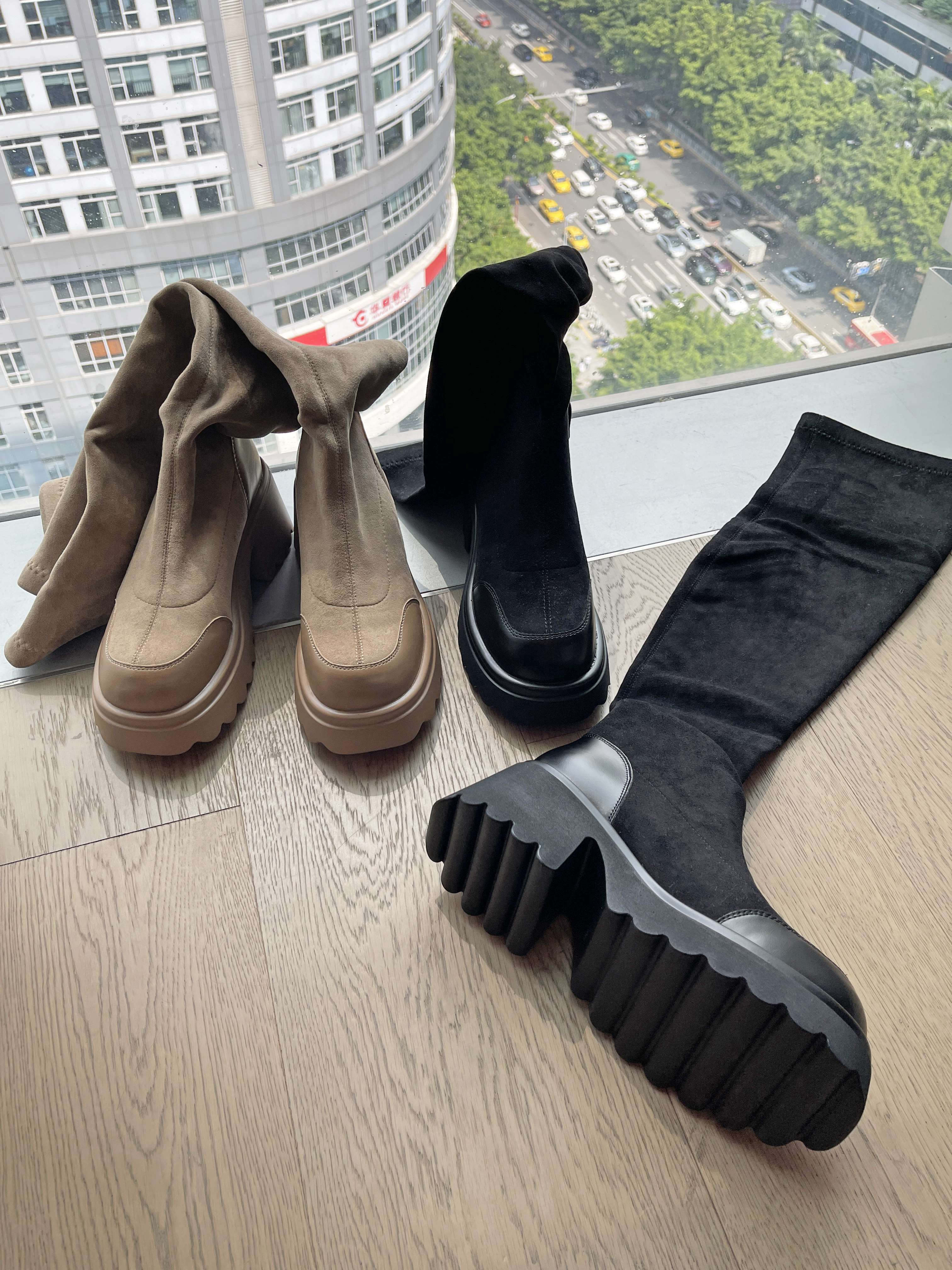 E19 現貨「彈力雙色麂皮過膝靴」