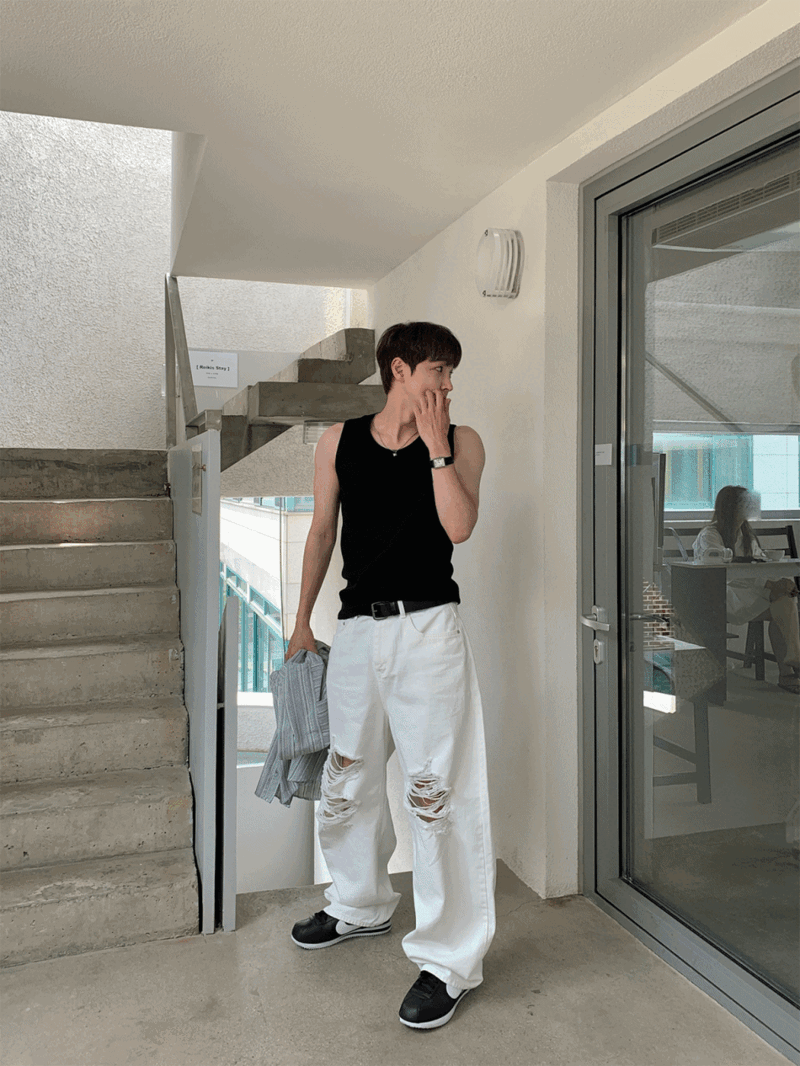 白色復古破損牛仔褲