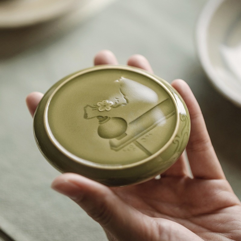 手工青瓷浮雕鏡花蓋置