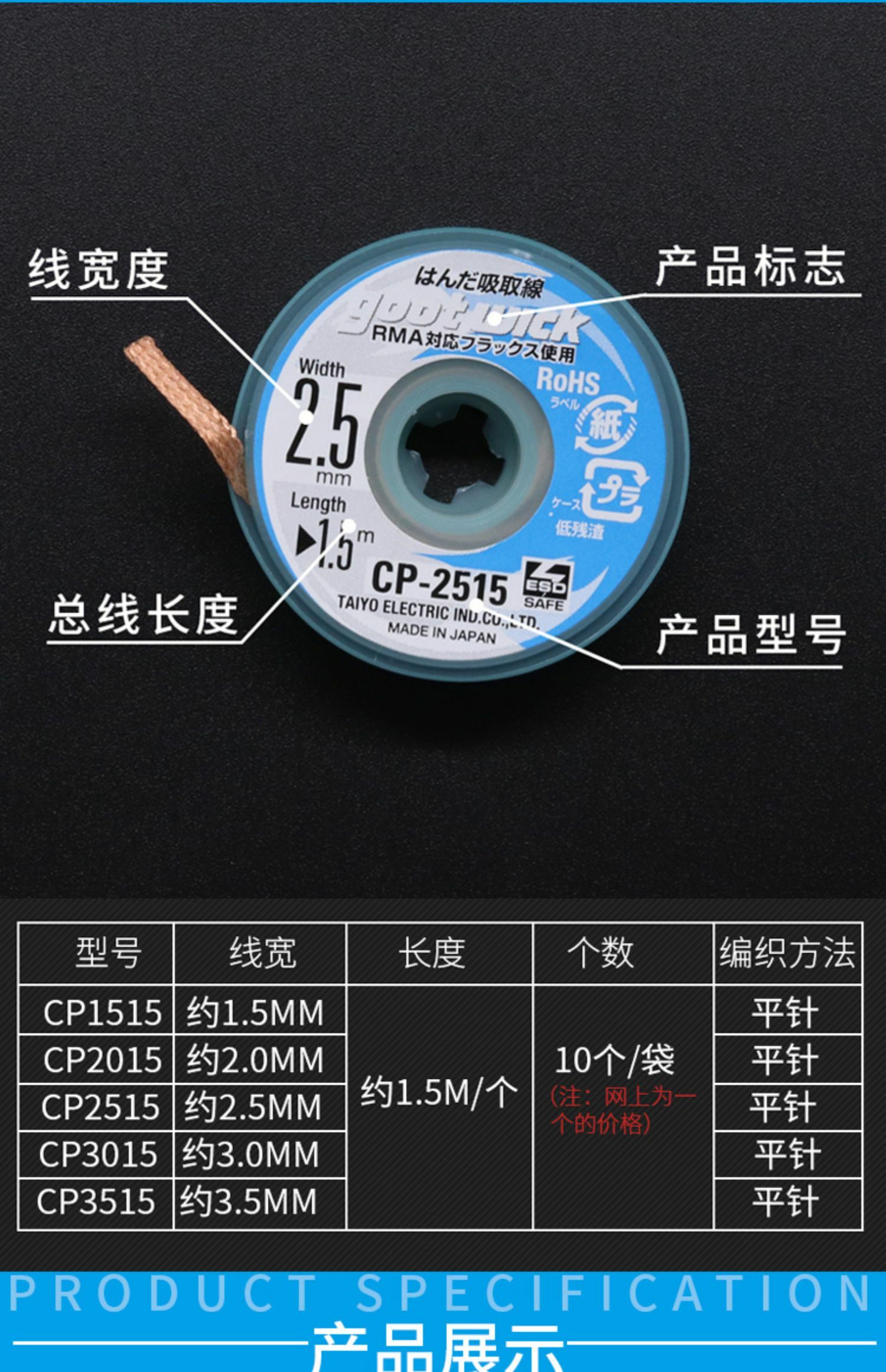 日本原廠GOOT吸錫線吸錫帶吸取線3515 3015 2015 2515烙鐵拖錫線