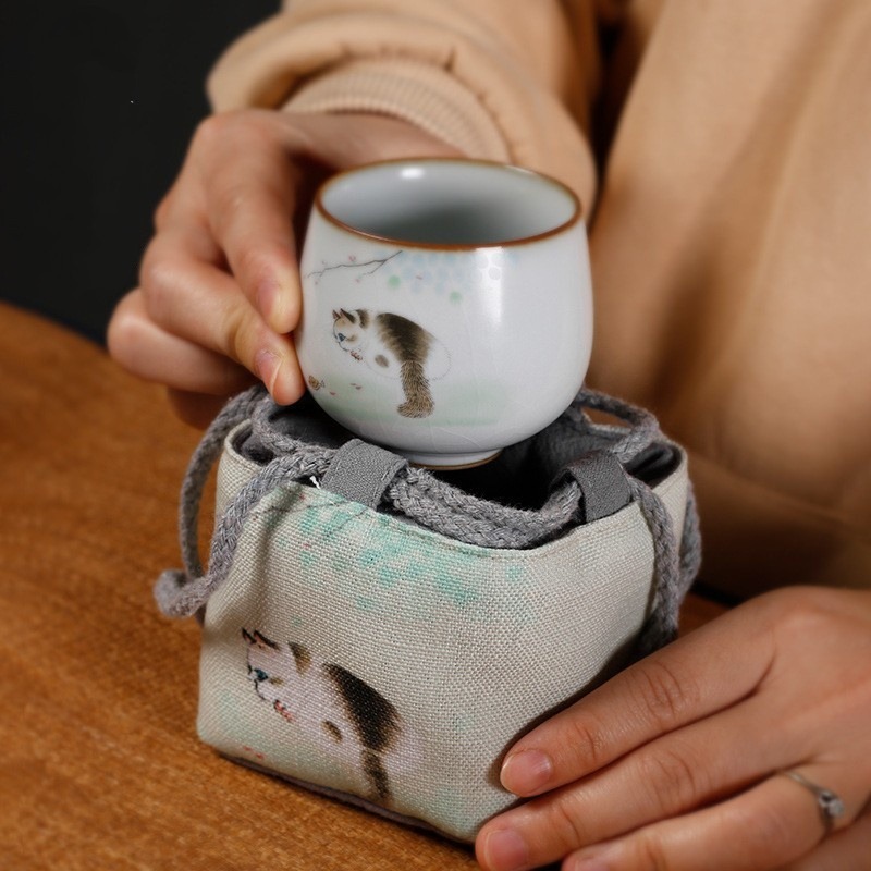 貓咪棉麻茶具收納袋