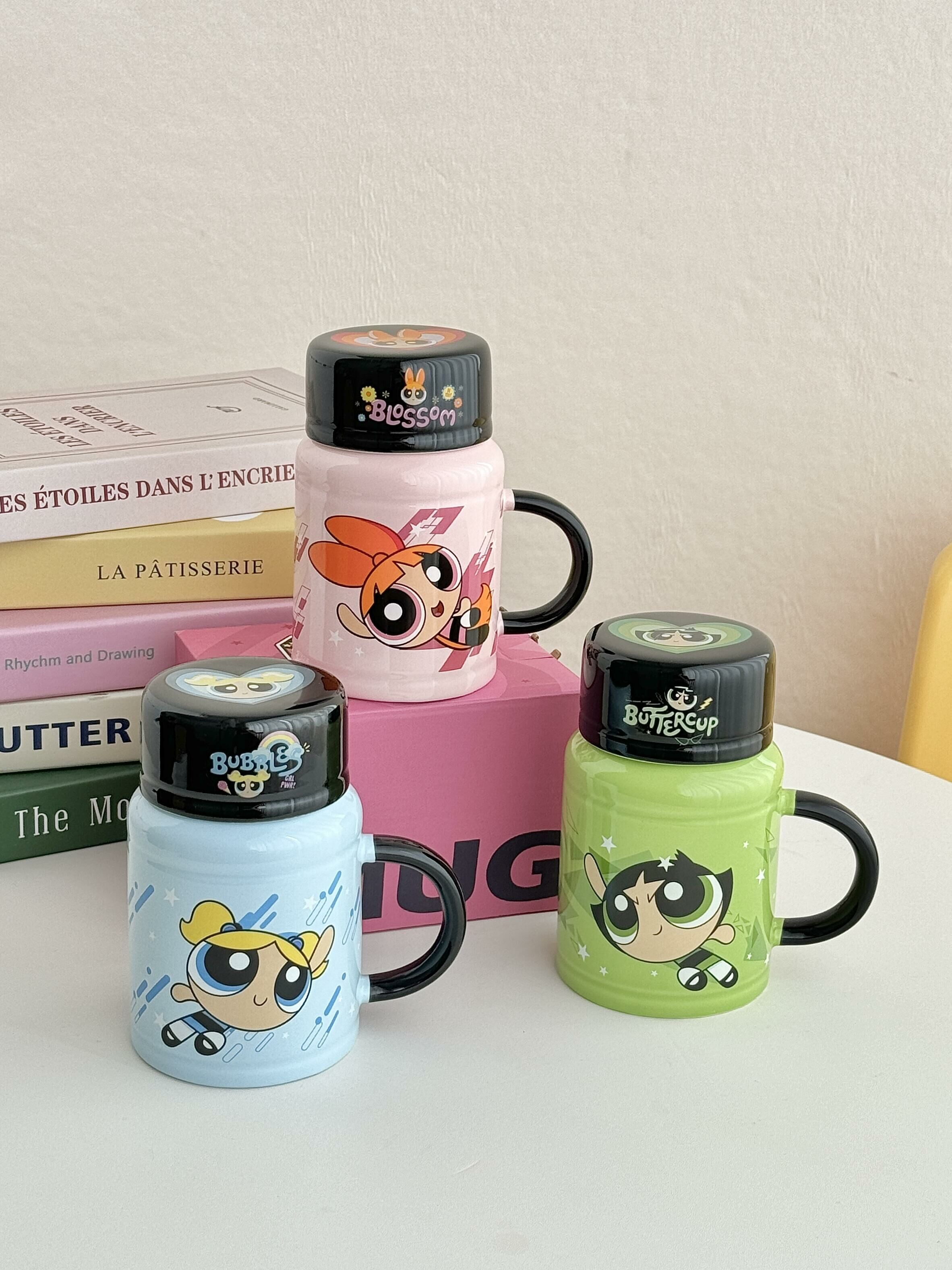 飛天小女警 正版授權 陶瓷馬克杯 附杯蓋 隨行杯 花花 泡泡 毛毛(任買兩件7-11免運)/預購