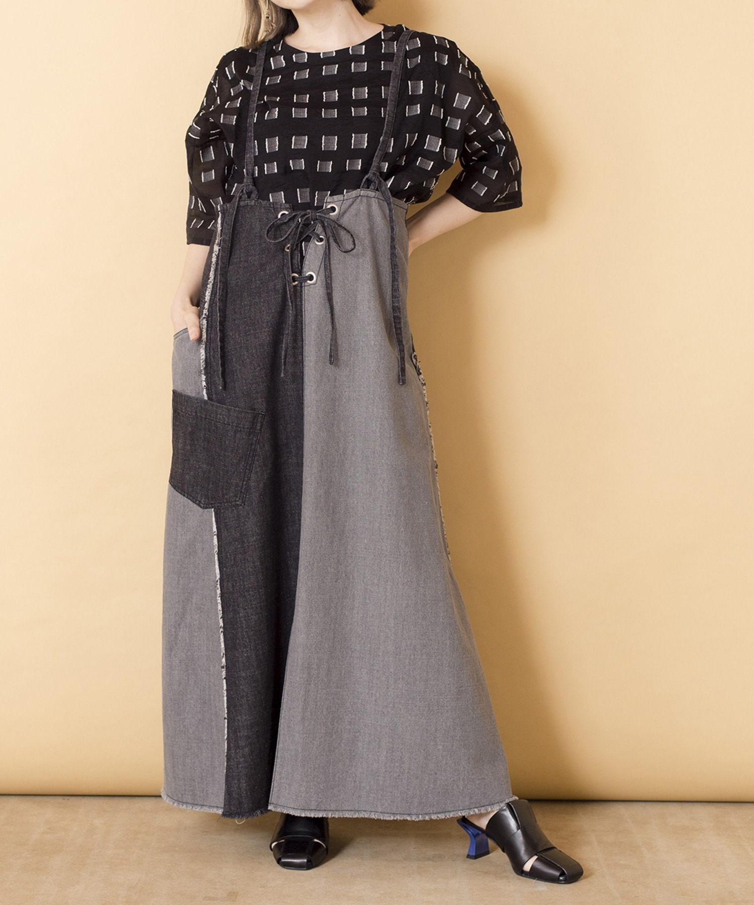 預購 - JP 2WAY拼色牛仔工裝裙