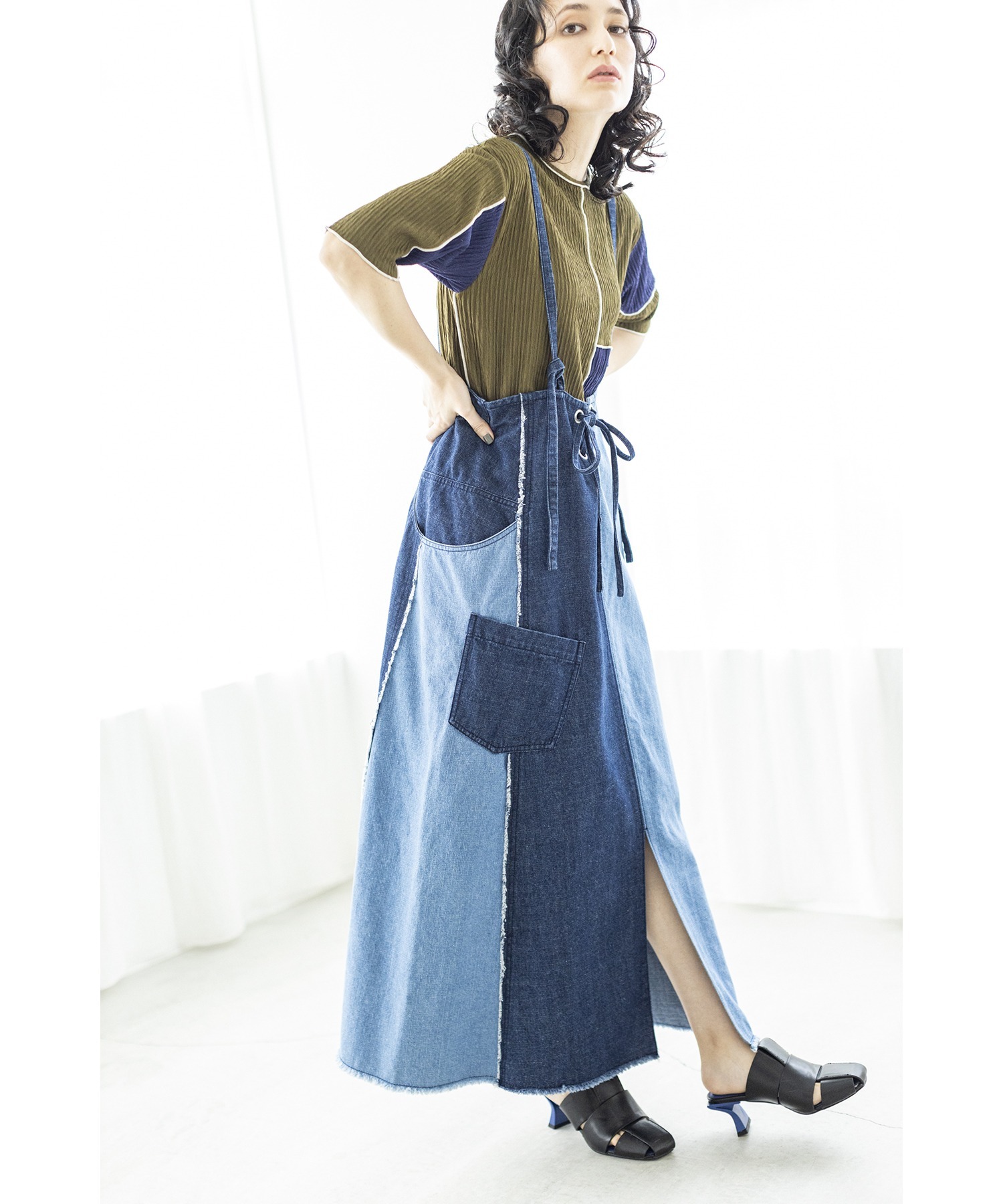 預購 - JP 2WAY拼色牛仔工裝裙