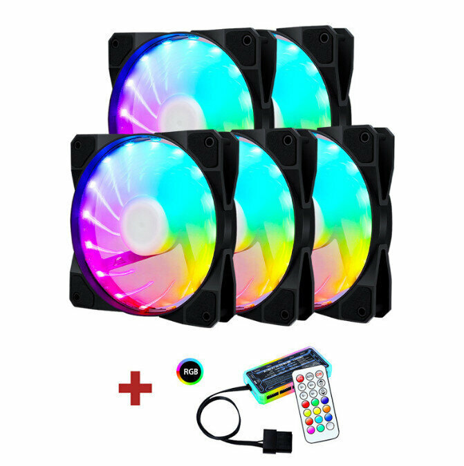 Computer Case RGB Color Changing Radiator Large Airflow Silent Cooling Fan (5 x 15 Lights + Controller Set)