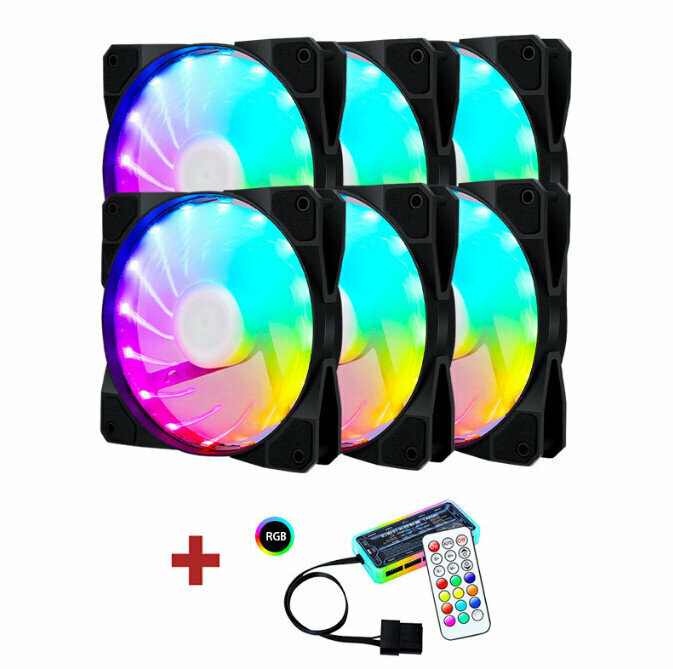 Computer Case RGB Color Changing Radiator Large Air Volume Silent Cooling Fan (6 x 15 Lights + Controller Set)