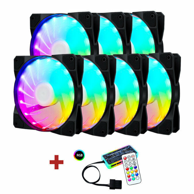 Computer Case RGB Color Changing Radiator Large Air Volume Silent Cooling Fan (7 x 15 Lights + Controller Set)
