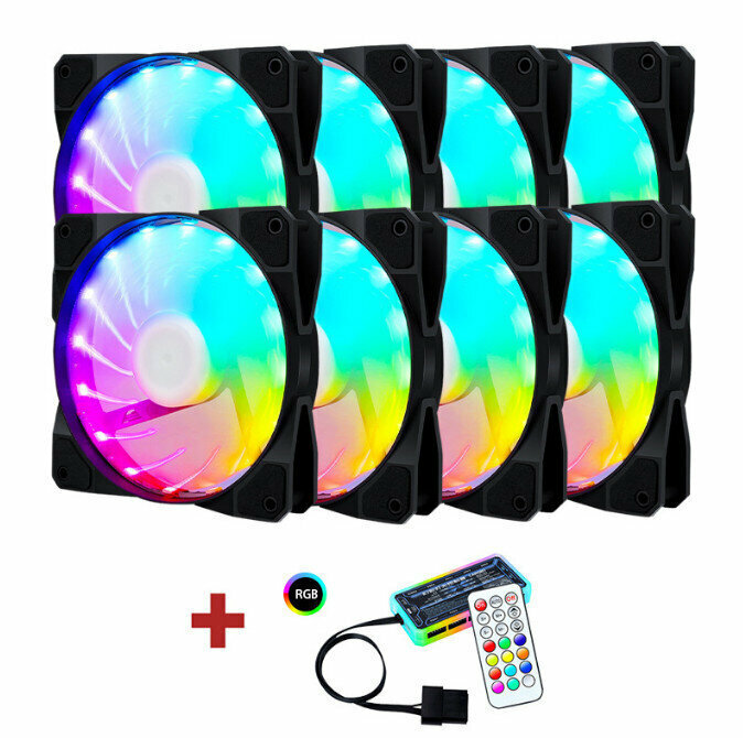 Computer Case RGB Color Changing Radiator Large Air Volume Silent Cooling Fan (8pcs 15 Lights + Controller Set)