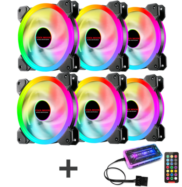 Radiant RGB Fan 12cm Desktop Computer Cooling Fan LED Color-Changing Dual Aperture Silent Case Fan (6 Radiance Fans + Controller Set)