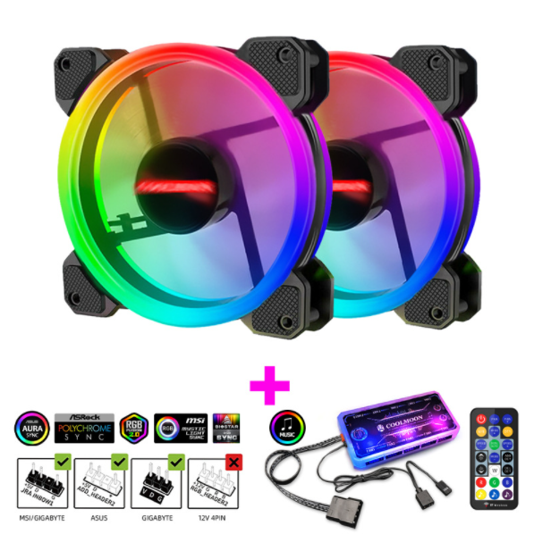 Radiant RGB Fan 12cm Desktop Cooling Fan LED Color-Changing Dual Aperture Silent Case Fan (2 Radiance Fans + Music/Motherboard Sync Controller)