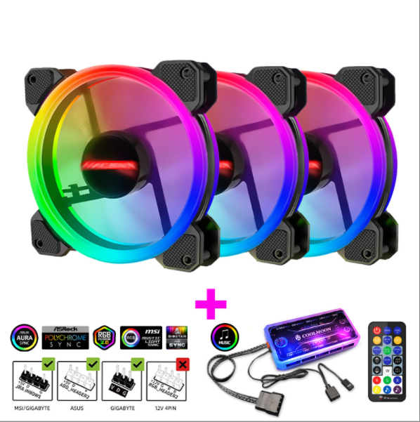 Radiant RGB Fan 12cm Desktop Cooling Fan LED Color-Changing Dual Aperture Silent Case Fan (3 Radiance Fans + Music/Motherboard Sync Controller)