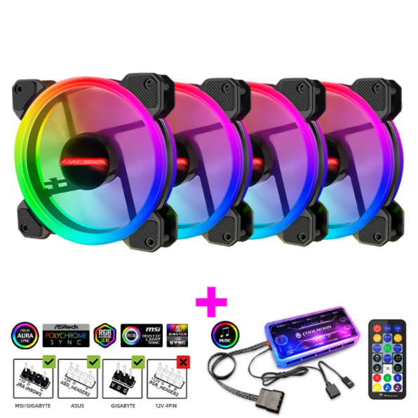 Radiant RGB Fan 12cm Desktop Cooling Fan LED Color-Changing Dual Aperture Silent Case Fan (4 Radiance Fans + Music/Motherboard Sync Controller)
