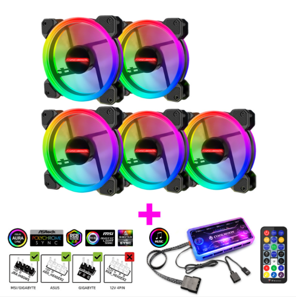 Radiant RGB Fan 12cm Desktop Cooling Fan LED Color-Changing Dual Aperture Silent Case Fan (5 Radiance Fans + Music/Motherboard Sync Controller)