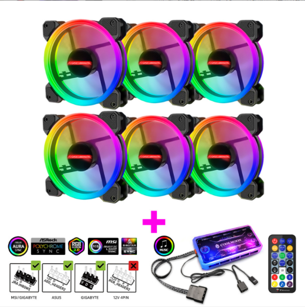 Radiant RGB Fan 12cm Desktop Cooling Fan LED Color-Changing Dual Aperture Silent Case Fan (6 Radiance Fans + Music/Motherboard Sync Controller)