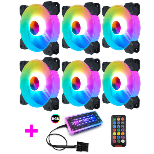 Cool Moon Yuhuan RGB Case Fan 12cm Desktop Computer Cooling Fan Phantom Color Changing Eclipse Silent Fan (6 Yuhuan RGB Fans + 1 Set of Standard Controllers)